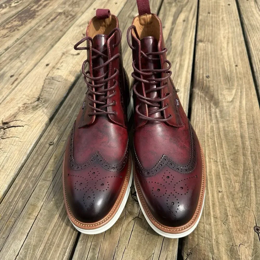 Taft 365 Model 005 Bordeaux Wingtip Boots Mens 10.5 Red Genuine Leather Lace Up